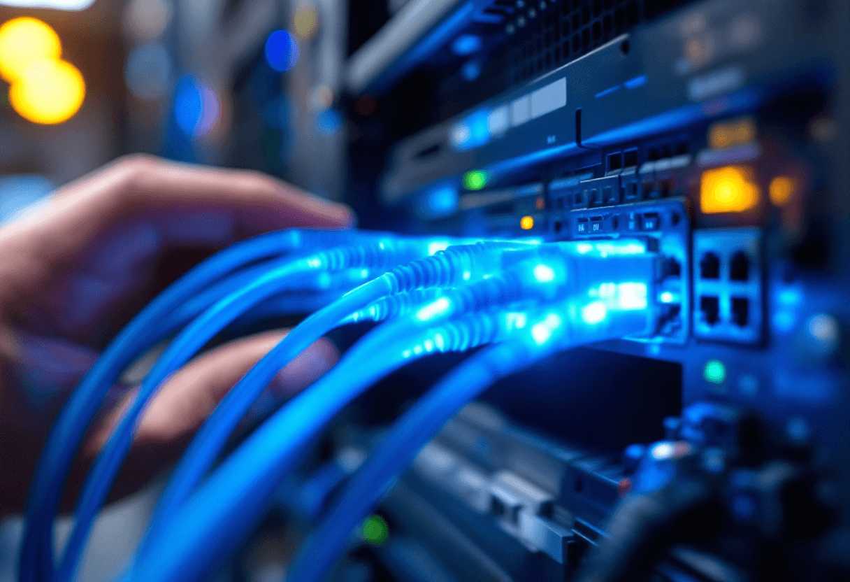 gros plan sur des câbles à fibre optique bleus connectés à une boîte réseau