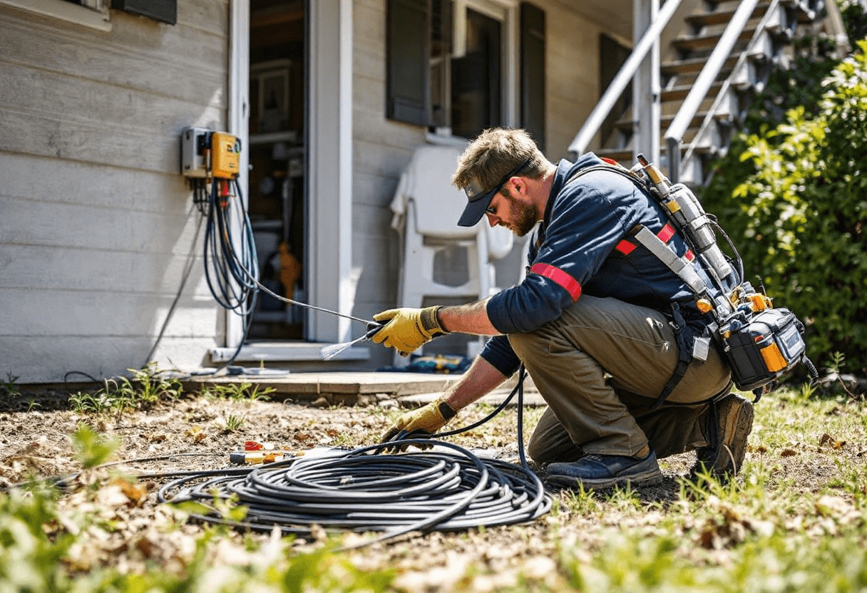 Itechnicien installant la fibre devant une maison dans la Manche