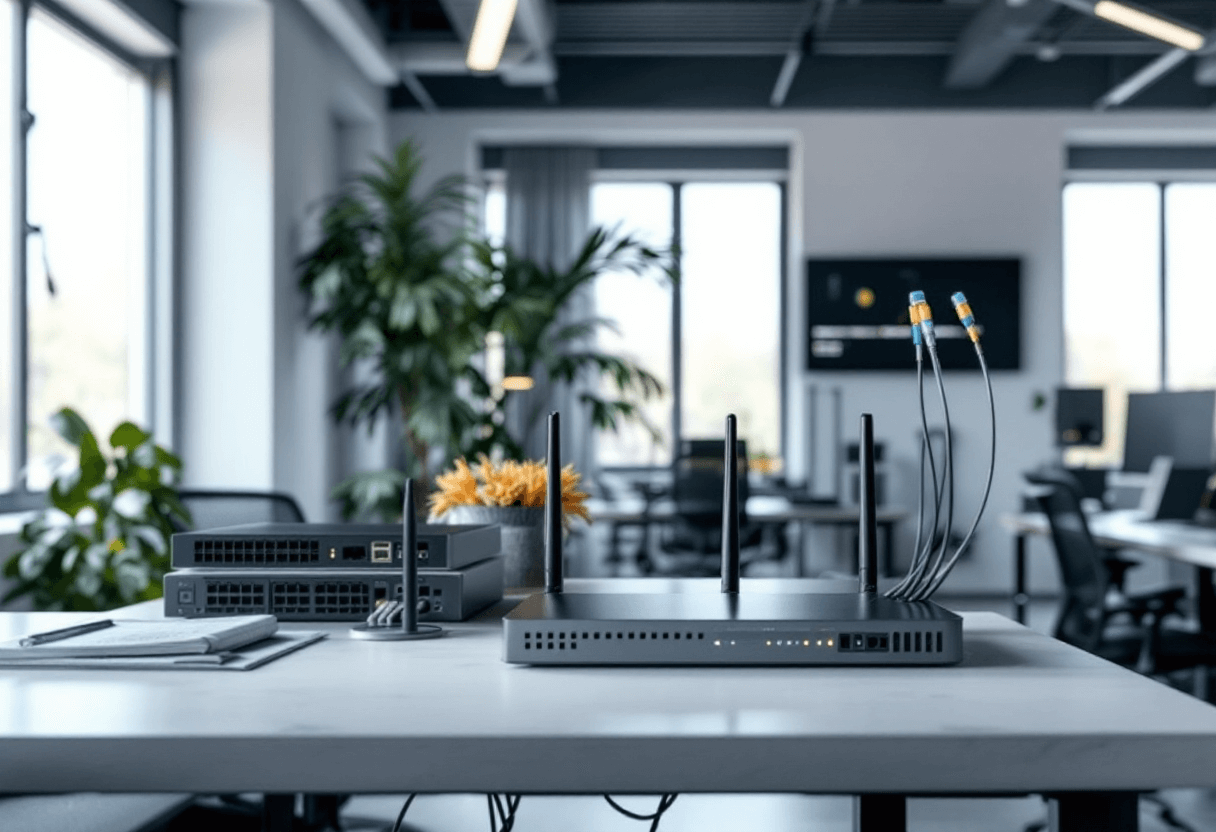 Ibureau moderne en Normandie avec câblage fibre optique visible et équipement réseau